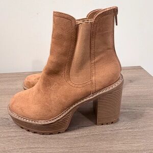 Classic Tan Suede Platform Ankle Boots with Block Heel
